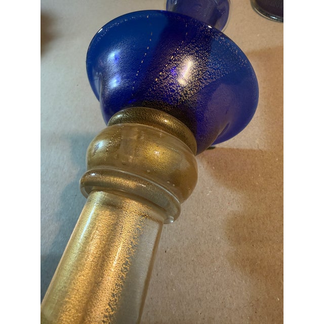 Italian Vintage Murano Art Glass Large Blue and Gold Candlesticks Signed For Sale - Image 3 of 7