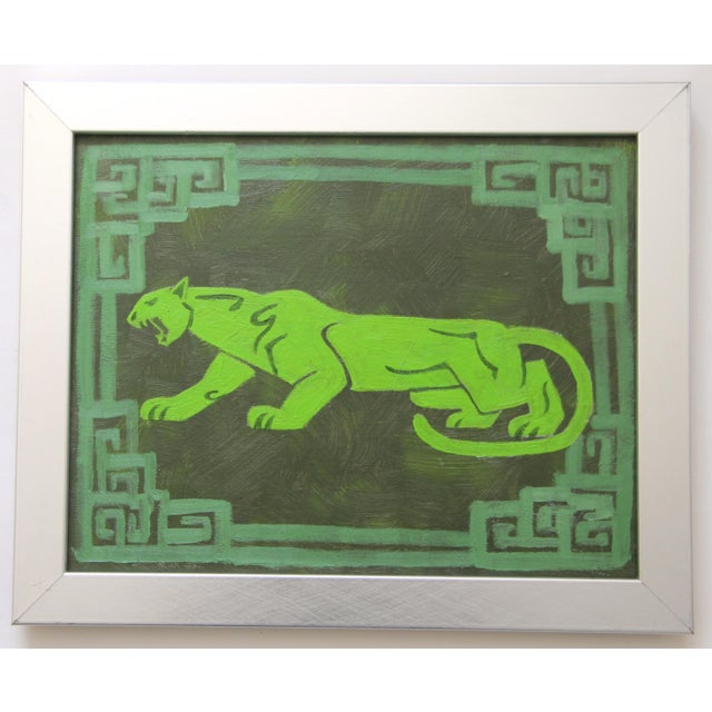 A panther or leopard silhouette in shades of army , forest, lime greens with a Chinese border. Art Deco, Abstract,...