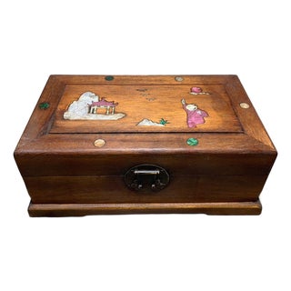 Vintage Chinese Pear Wood Jewelry Box, Mother of Pearl Inlay Landscape & Figure Scene, Chinoiserie Storage Chest For Sale
