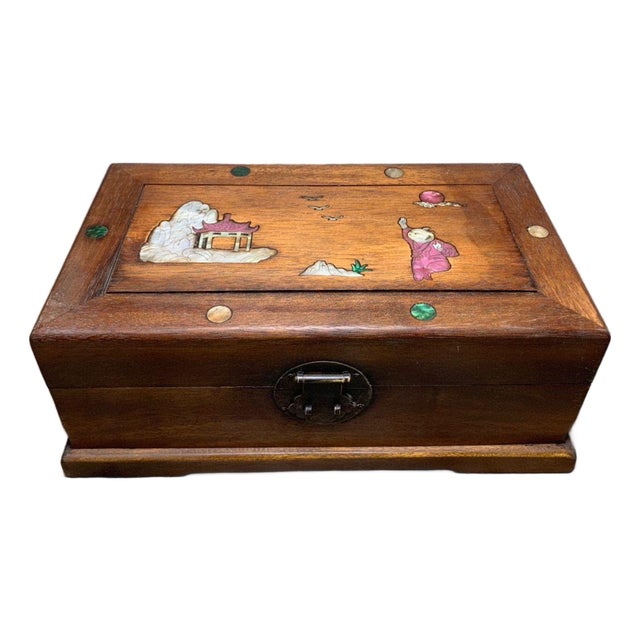 Vintage Chinese Pear Wood Jewelry Box, Mother of Pearl Inlay Landscape & Figure Scene, Chinoiserie Storage Chest For Sale
