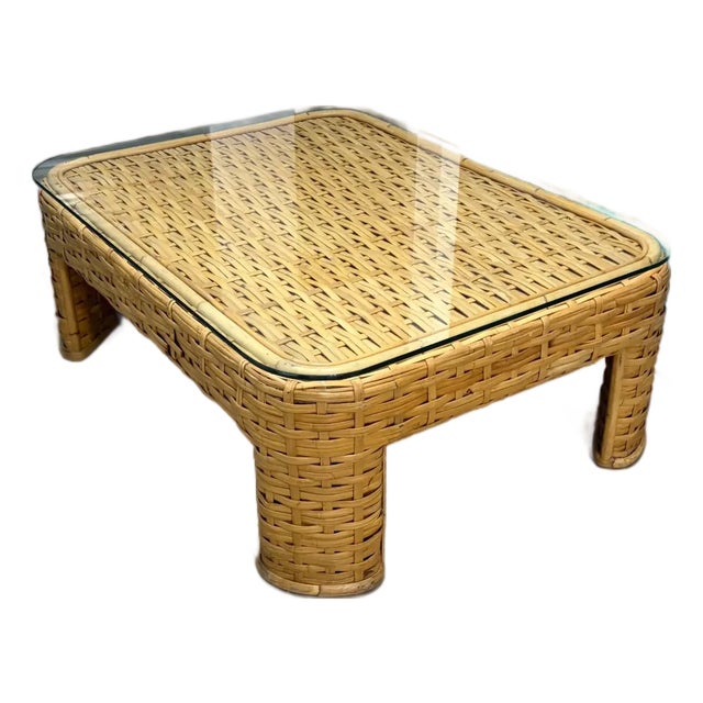 1980s Ralph Lauren Style Rattan Coffee Table Removable Glass Top For Sale