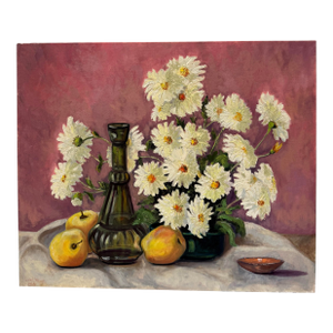 Vintage 1965 Still Life Oil Painting by Lois L. Wright - White Chrysanthemums & Fruit