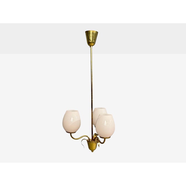 Metal 1950s Idman, Finnish Modern, Pendant Light, Brass, Pink Tinted Glass For Sale - Image 7 of 14