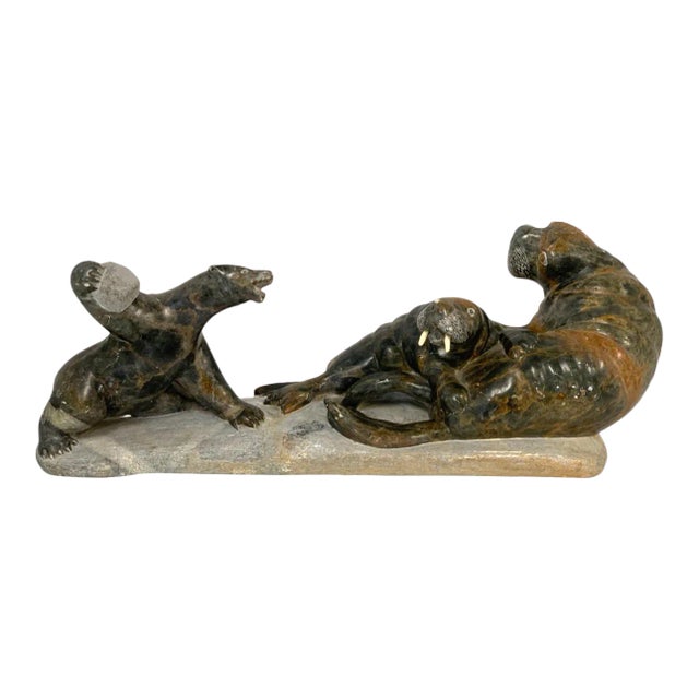 Mid 20th Century Soapstone Inuit Carving of Bear Attacking Walrus For Sale