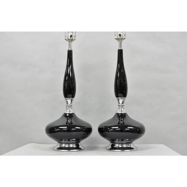 Mid-Century Modern Vintage Mid Century Modern Black Glazed Ceramic & Chrome Table Lamps - A Pair For Sale - Image 3 of 12