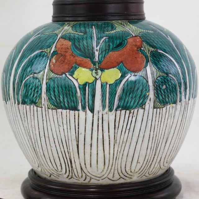 Ceramic Antique Famille Rose Bok Choy Porcelain Table Lamp With Cabbage Leaf and Butterfly Motif For Sale - Image 7 of 14