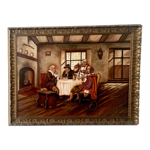 1943 Leota Humphrey Oil Painting- Antique Dutch Tavern Scene - Ornate Gold Frame