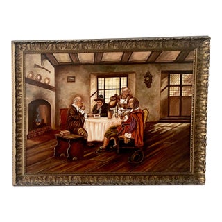 Vintage 1943 Leota Humphrey Oil Painting on Board- Antique Dutch Tavern Scene - Ornate Gold Frame. For Sale