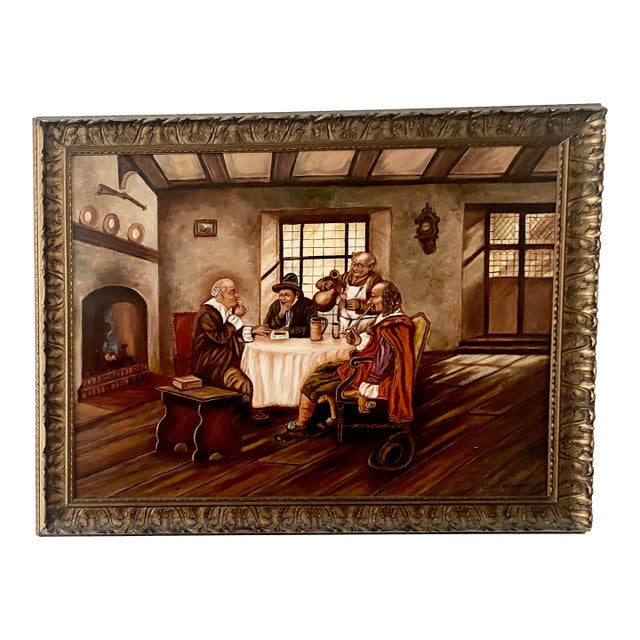 Vintage 1943 Leota Humphrey Oil Painting on Board- Antique Dutch Tavern Scene - Ornate Gold Frame. For Sale