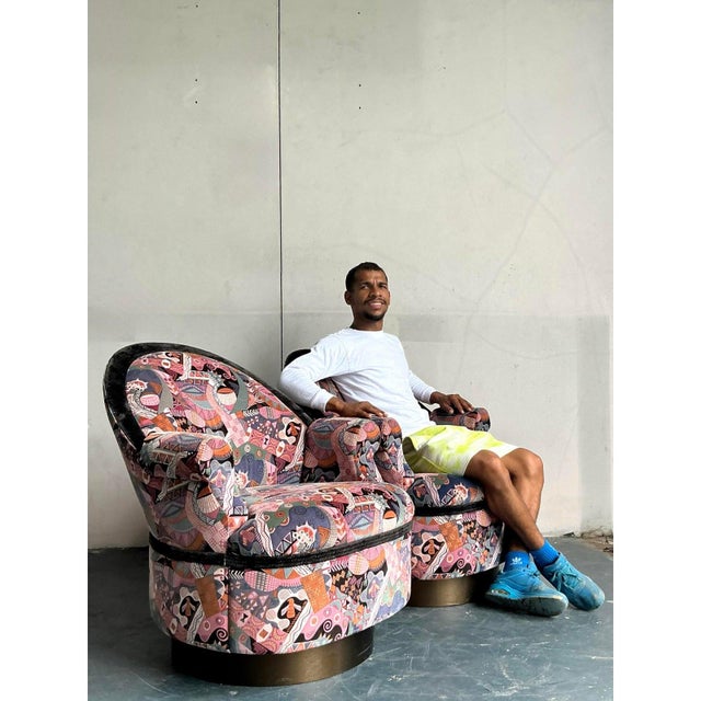 Wood Vintage Postmodern Martin Barttrud Printed Swivel Chairs - A Pair For Sale - Image 7 of 11