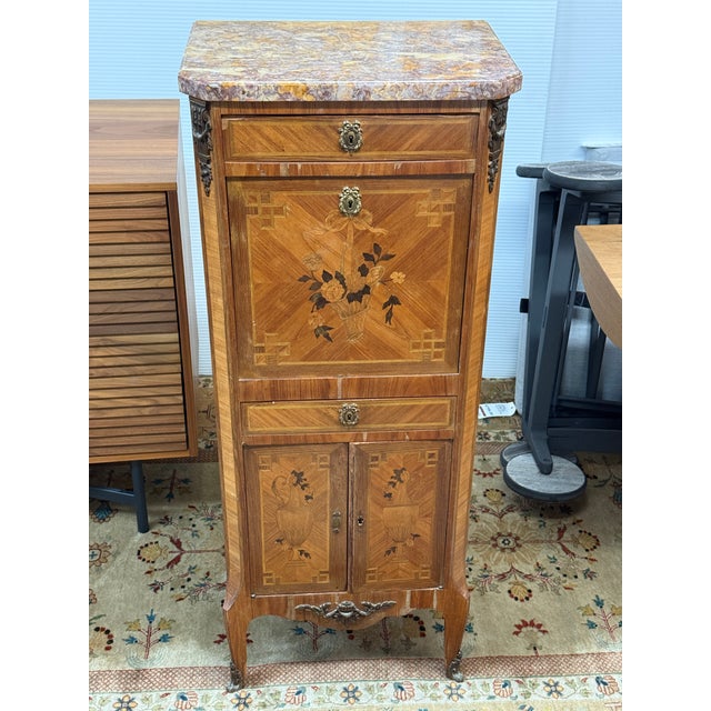 French Louis XVI Style Escritoire With Marquetry + Marble, 19th Century For Sale - Image 3 of 12
