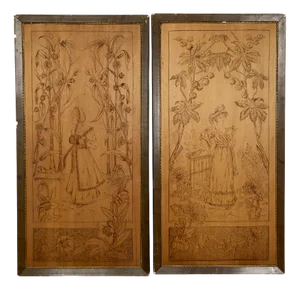 Art Nouveau Pyrographed Panels with Autumn and Winter Seasons, France, 1900s, Set of 2