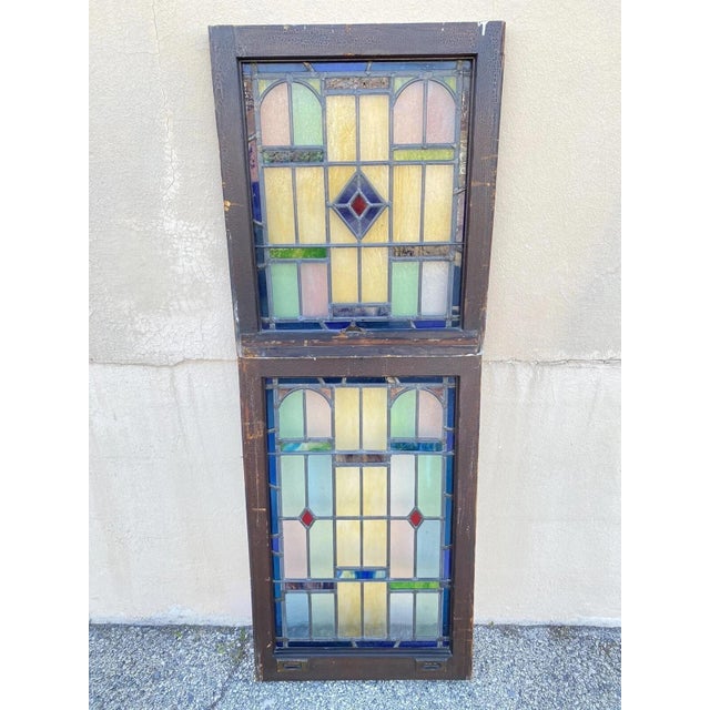 Antique Art Deco Leaded Stained Glass Pink Green Blue Yellow Windows - A Pair For Sale - Image 12 of 12