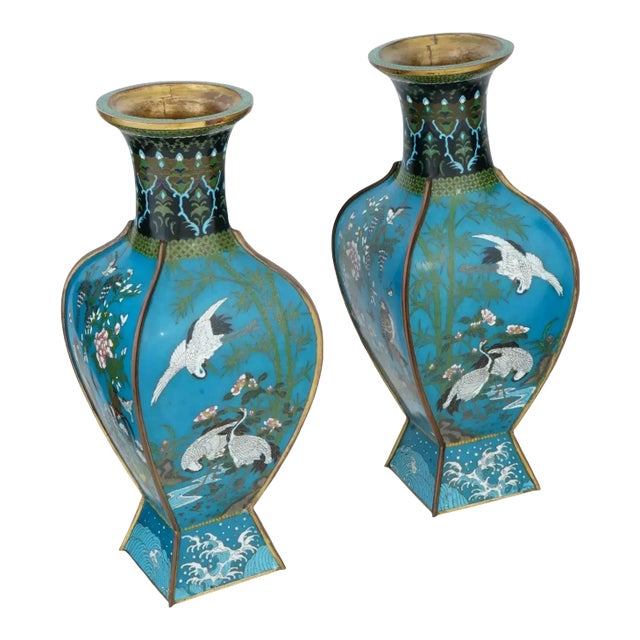 Antique Pair of Japanese Cloisonne Enamel Vases With Hawks, Cranes, Scenes For Sale
