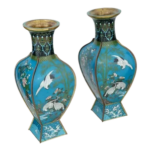 Antique Pair of Japanese Cloisonne Enamel Vases With Hawks, Cranes, Scenes