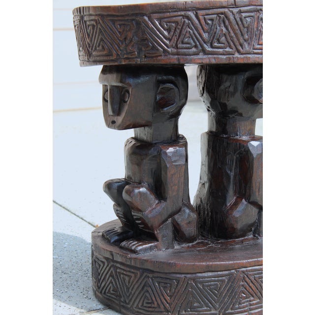 Wood Vintage Hand-Carved African Man & Woman Figural Stool – 20.5” H X 15.75” W Sculptural Tribal Side Table With Geometric Carving For Sale - Image 7 of 17