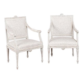 Pair, 19th Century Swedish Gustavian Gray Painted Armchairs For Sale