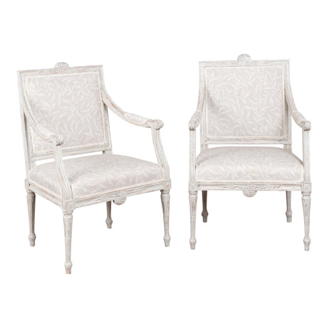 Pair, 19th Century Swedish Gustavian Gray Painted Armchairs For Sale