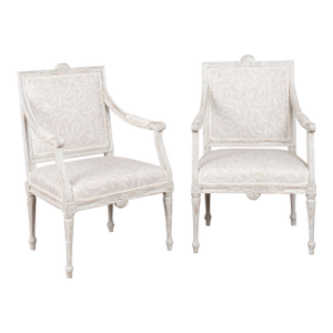 Pair, 19th Century Swedish Gustavian Gray Painted Armchairs