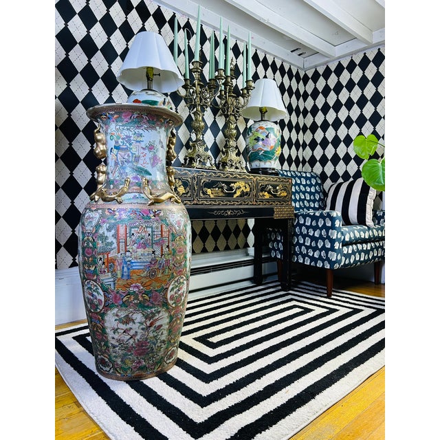 Chinese Famille Rose Floor Vases With Figural Panels and Gilt Dragon Handles, 38" For Sale - Image 17 of 18