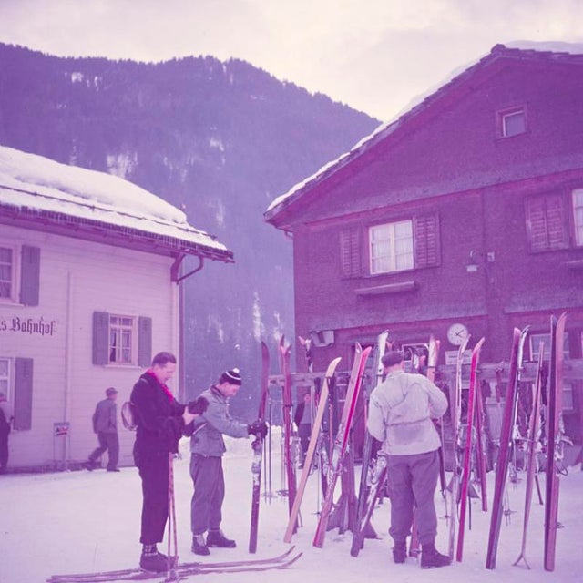Alpine Railway Station 1951 Skis stacked up outside and alpine railway station, Klosters, Switzerland, 1951. Toni Frissell...