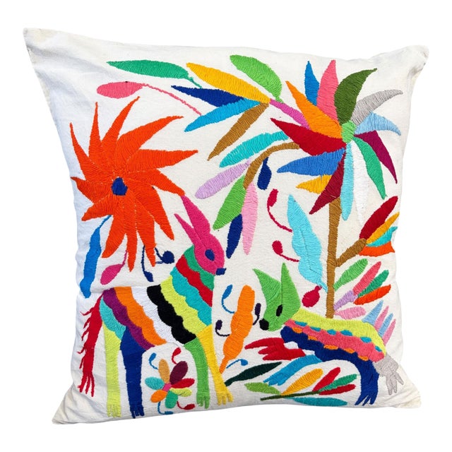 Mexican Otomi Embroidery Textile Pillow 16" W For Sale