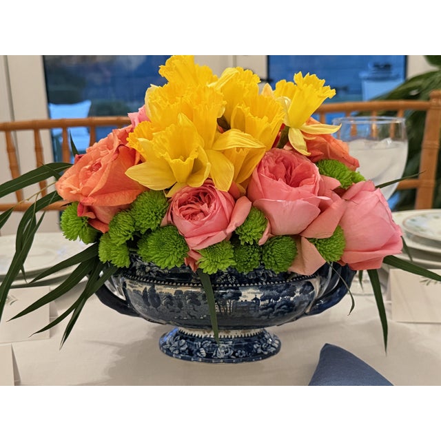 1930's Blue Staffordshire Transferware Euston Hall Pedestal Tureen For Sale - Image 11 of 11