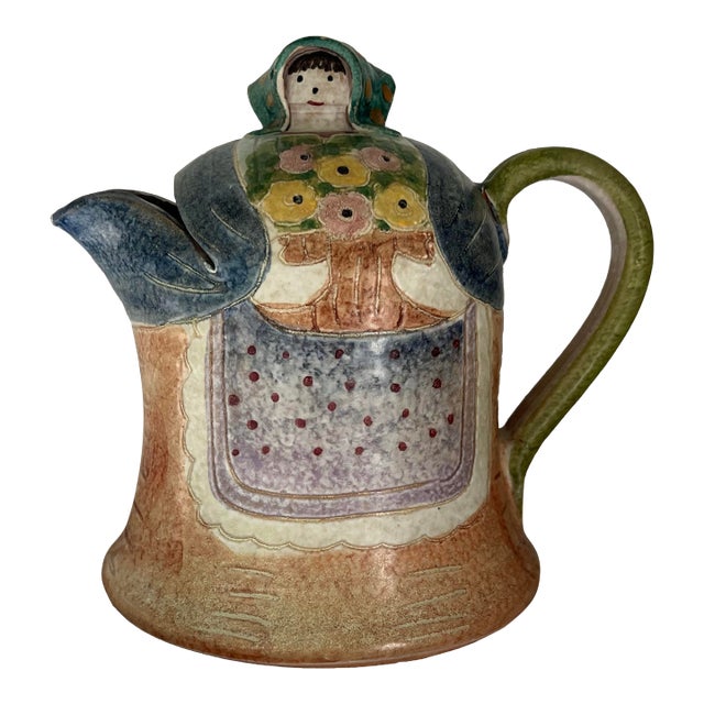 Vintage Hand-Painted Italian Pottery Lady Pitcher, Vintage Italian Pottery, Folk Art Pottery For Sale