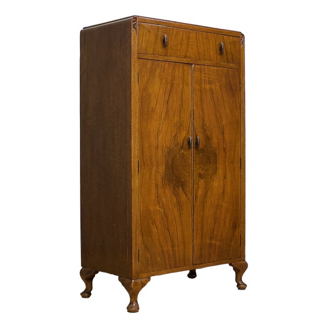 British Art Deco Burr Walnut Tallboy Linen Cabinet, 1930s For Sale