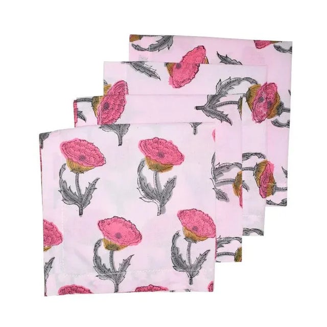 4 Pink and Green Floral Block Print Table Napkins - India Set of Four For Sale In Oklahoma City - Image 6 of 7