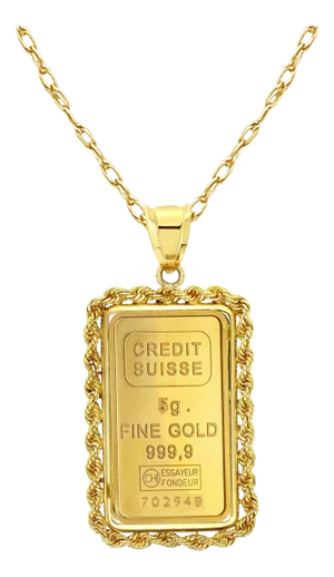 5 Gram Pamp Credit Suisse Gold Bar with Rope Bezel Necklace 16"