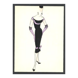 1950s Mid-Century Original French Fashion Drawing in Gouache For Sale