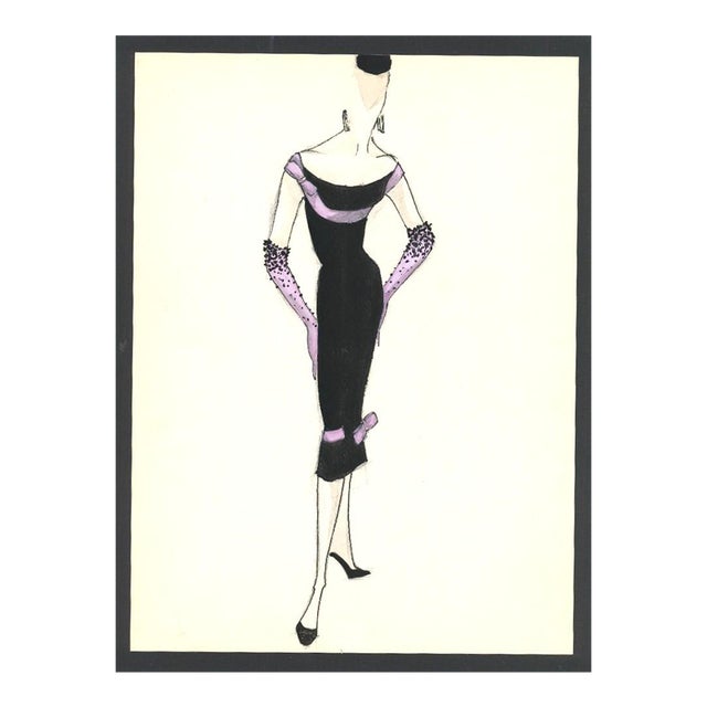 1950s Mid-Century Original French Fashion Drawing in Gouache For Sale