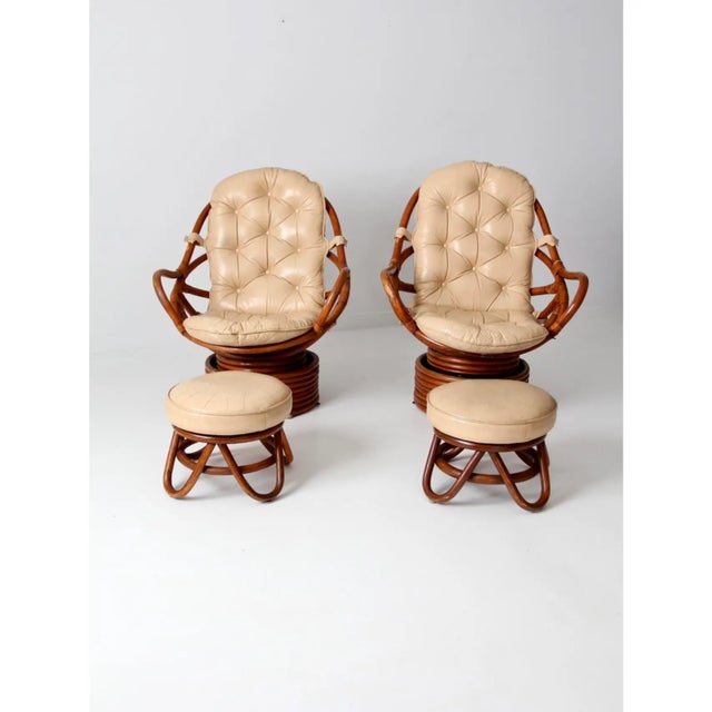 Wood Mid-Century Rattan Swivel Chairs With Ottomans - 4 Pieces For Sale - Image 7 of 16