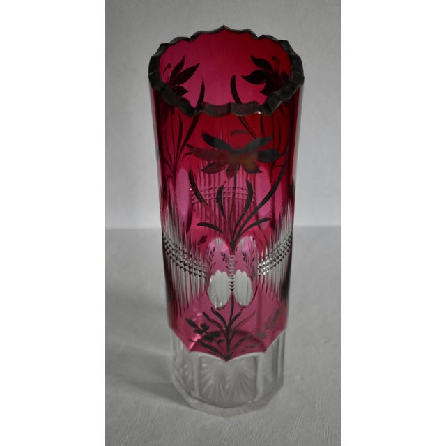 Vintage Clear Crystal Vase Bohemian Ruby Cut Cylinder Etched Silver Overlay For Sale - Image 13 of 15