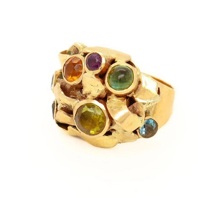 Metal Vintage 1960's Modernist 14k Gold & Multi-Gemstone Cocktail Ring by Resia Schor Size 8.75 For Sale - Image 7 of 12