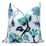 Allan Campbell Potalla Navy French Green Teal Aqua on White Pillow Cover For Sale