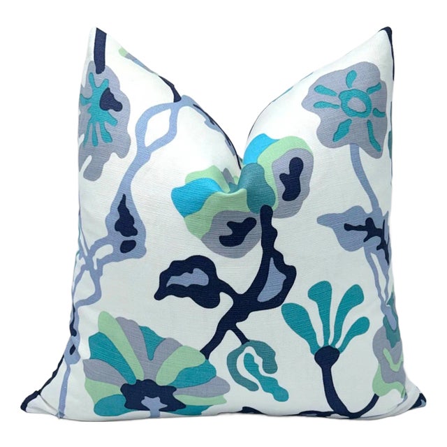 Allan Campbell Potalla Navy French Green Teal Aqua on White Pillow Cover For Sale