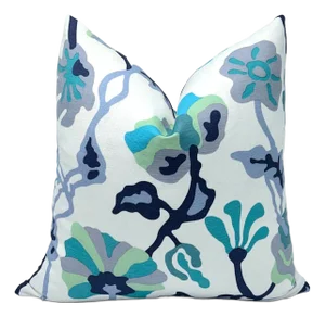 Allan Campbell Potalla Navy French Green Teal Aqua on White Pillow Cover