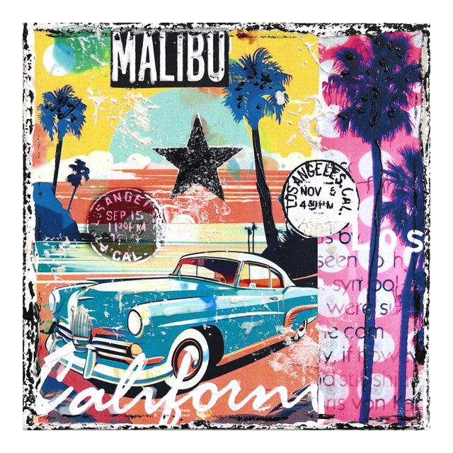 Malibu, California - Abstract Colorful Textural City Collage Original Artwork by Marion Duschletta For Sale