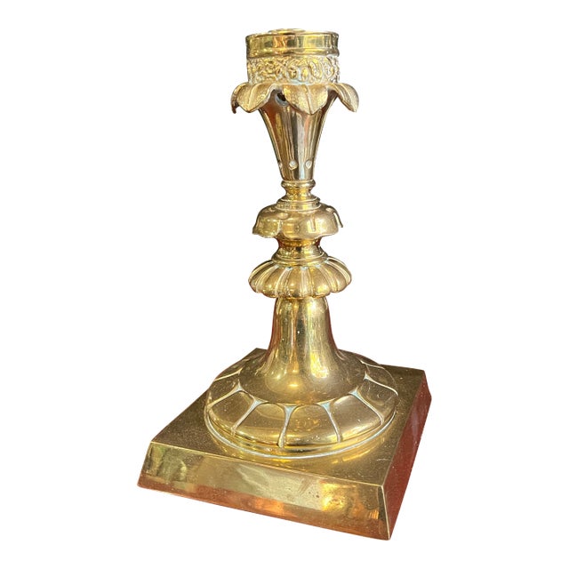 Large Brass Vintage Candlestick Holder With Leaf Accents For Sale