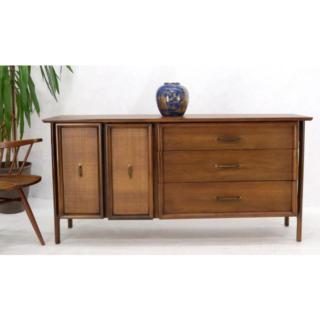 Wood Decorative Caned Door Front Exposed Legs Walnut Credenza Dreser For Sale - Image 7 of 13