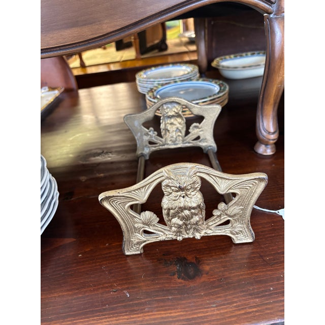 Art Nouveau Brass Plated Owl Expanded Book Rack For Sale - Image 4 of 4