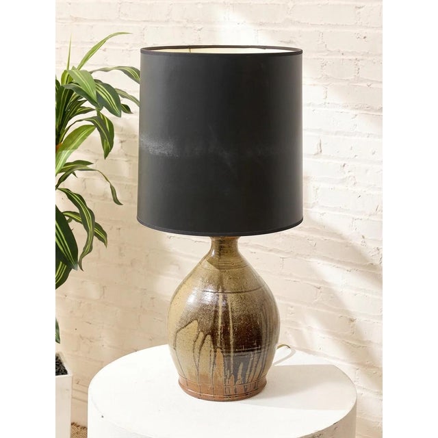 Mid 20th Century Vintage Boho Chic Drip Glaze Table Lamp With Black Shade For Sale - Image 5 of 11