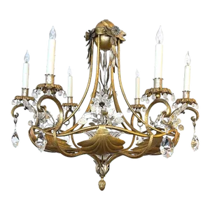 Italian 1960s Gilt-Metal and Tole 7-Light Chandelier With Crystal Flowers & Foliage Stems