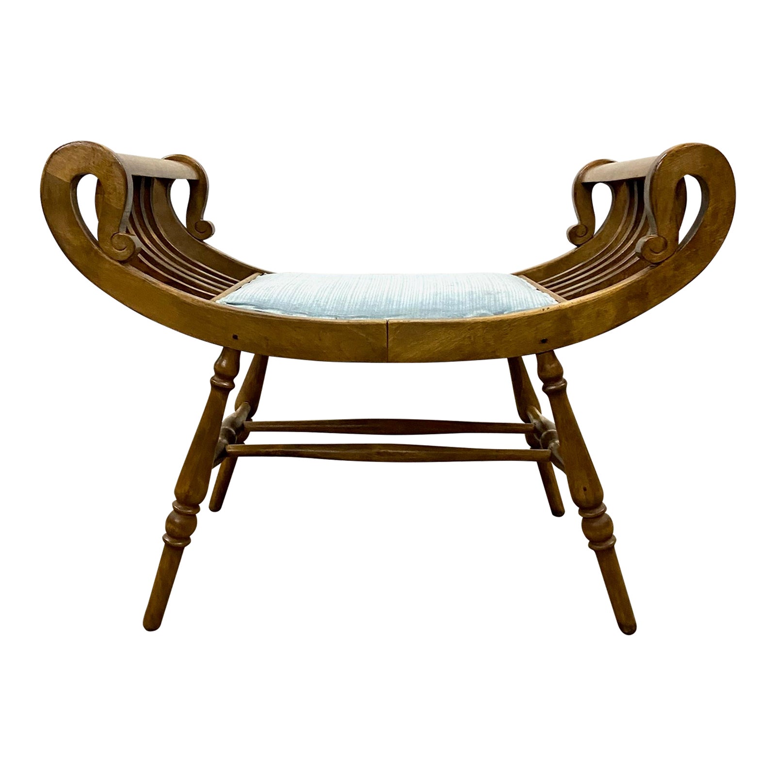Antique Regency Style Early 1900s Curule Scrolled Saddle Seat Bench