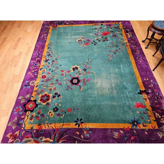Vintage Art Deco Chinese Rug, Hand-Knotted Wool, Floral Motif, Turquoise & Purple, 9x12 For Sale In Chicago - Image 6 of 18