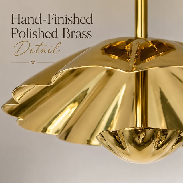 Brass Scallop Ceiling Light, Hollywood Regency Semi Flush Mount, Handmade Clam Shell Ceiling Lamp, Art Deco Gold Brass Fixture 28 Inch For Sale - Image 10 of 13