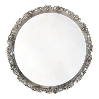 Large Antique Silver Plate Round Serving Tray With Grape & Leaf Border C1890 For Sale