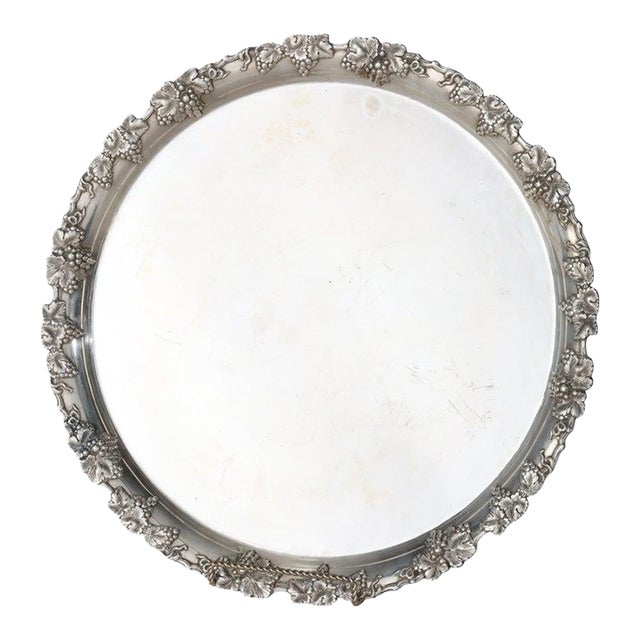 Large Antique Silver Plate Round Serving Tray With Grape & Leaf Border C1890 For Sale